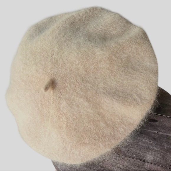 Vintage Y2K Beige Newsboy Hat Angora Wool Eyelash Beret Cap 90s Hepburn Hat - Picture 5 of 6